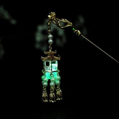 Chinese Palace Lantern Gold Color Metal Hair Sticks with Green Light Women Girls Pendant Jewelry - Metal color : Imitation Rhodium Plated
