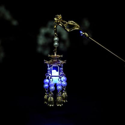 Chinese Palace Lantern Gold Color Metal Hair Sticks with Blue Light Women Girls Pendant Jewelry for - Metal color : Light Yellow Gold Color