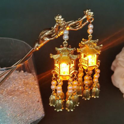 Chinese Palace Lantern Gold Color Metal Hair Sticks with Light Women Girls Pendant Jewelry - Metal color : Light Yellow Gold Color